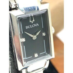Bulova Womens Watch 96P209 Silver Tone Black Mother of Pearl Dial Diamon…